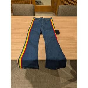 Alice + Olivia Kayleigh Big Bell Bottom Jeans Color Stripe Rainbow Size 28 Boho